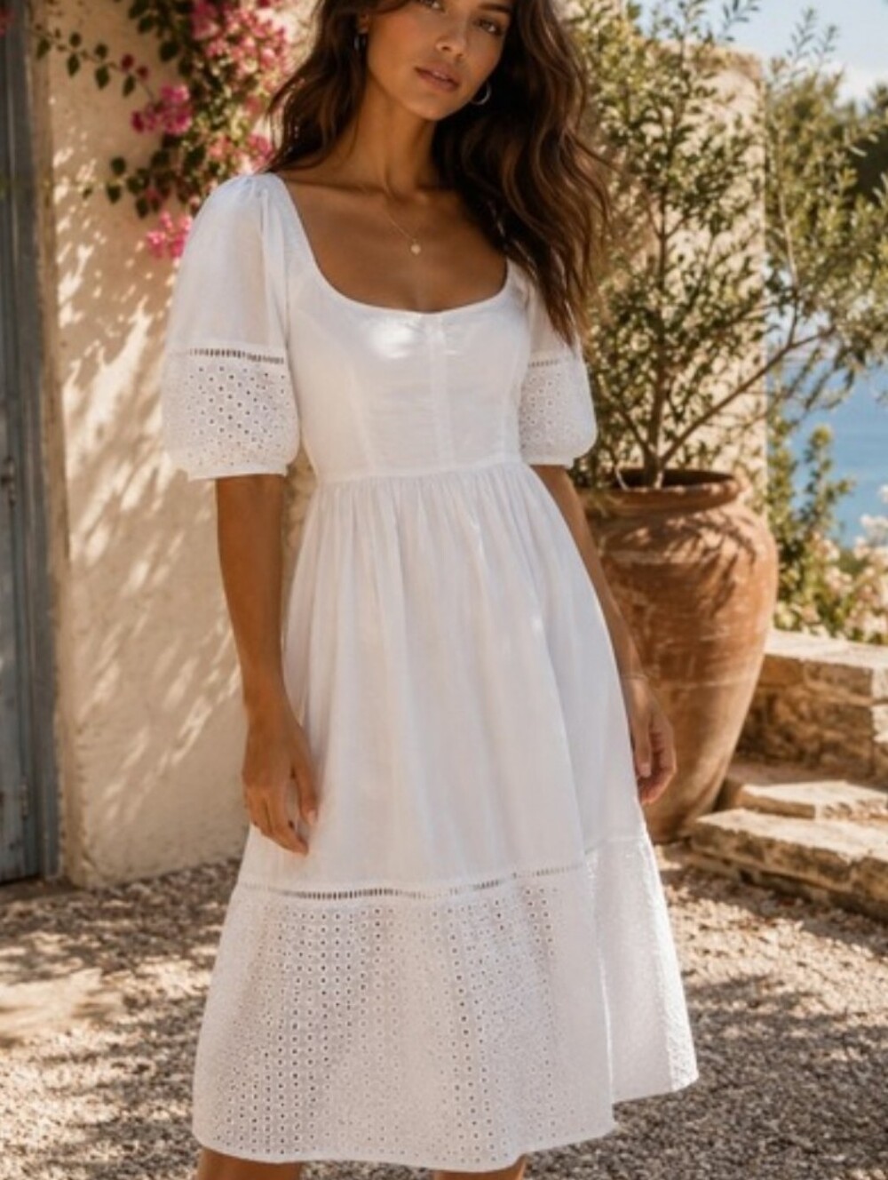 La Ligne Lulu White Eyelet Midi Dress Puff Sleeves Sz XL Cottage Core Prairie